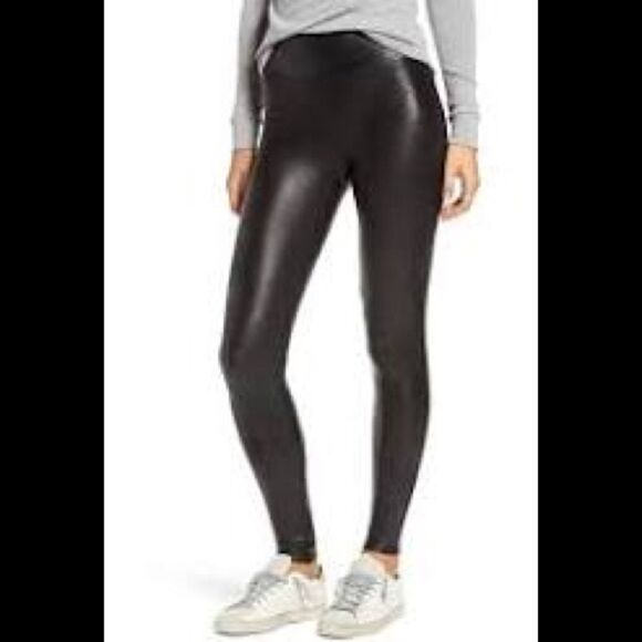 SPANX black faux leather look, high waisted leggings.  Medium - Picture 3 of 11